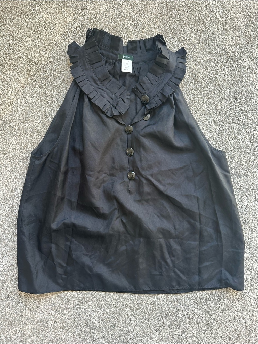 J. Crew Black Pleated Ruffle Neck Sleeveless Top